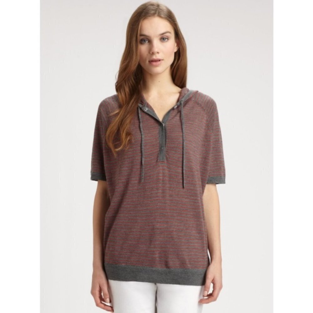 Eileen Fisher Red and Gray Merino Wool Hooded Sweater Size Large